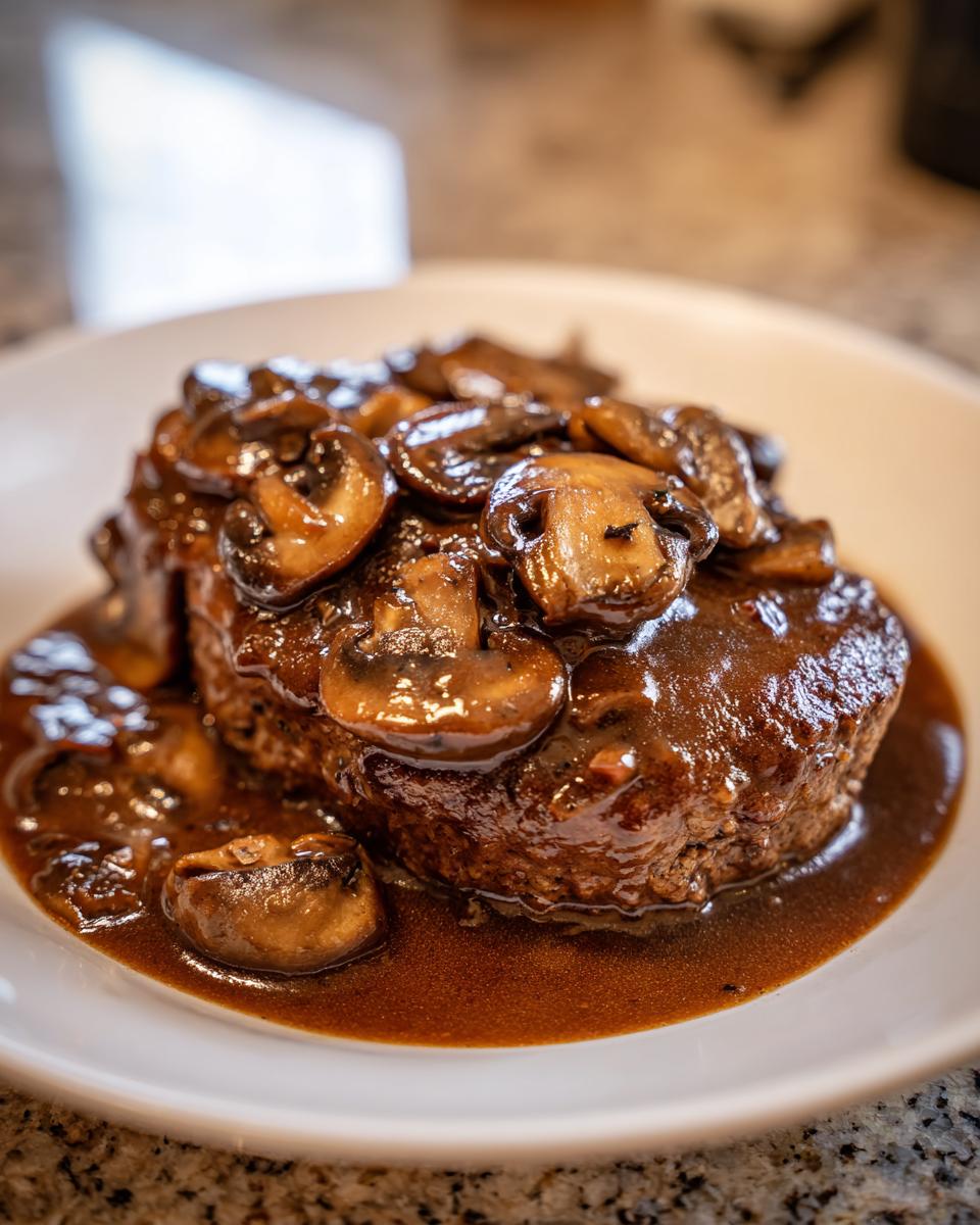 A close-up of a juicy Salisbury steak smothered in rich brown mushroom gravy.