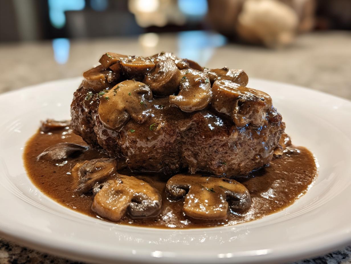 A close-up of a perfectly cooked Salisbury steak smothered in rich brown mushroom gravy.