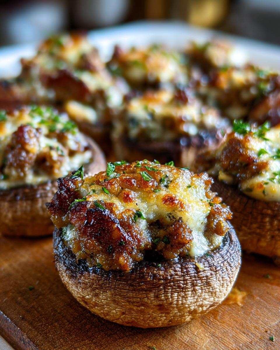 A close-up of one perfectly baked sausage stuffed mushrooms appetizer with melted, browned cheese and parsley garnish.