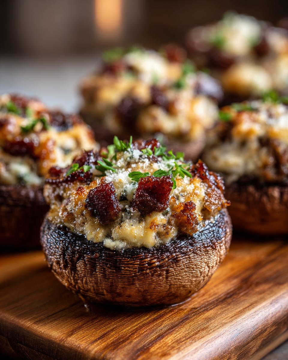A single, perfectly baked sausage stuffed mushrooms appetizer topped with bacon bits and herbs, resting on a wooden board.