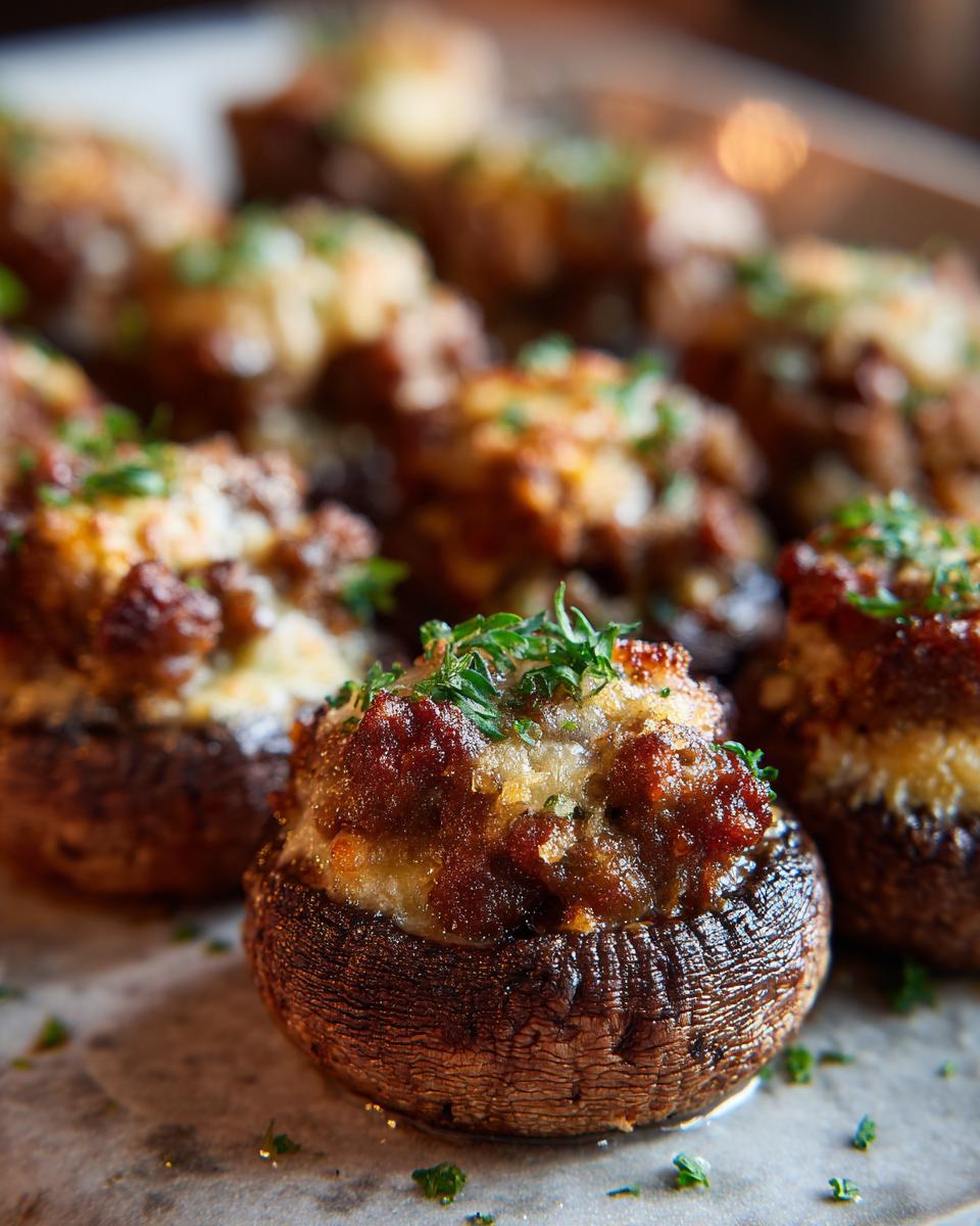 Close-up of baked sausage stuffed mushrooms topped with melted cheese and fresh parsley.