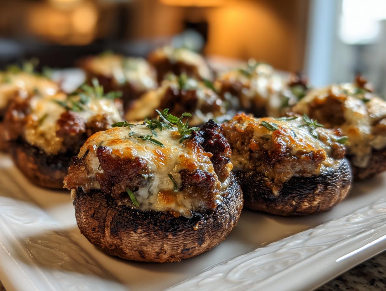Close-up of baked sausage stuffed mushrooms topped with bubbly, melted cheese and fresh thyme.
