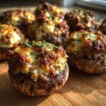 Close-up of perfectly baked sausage stuffed mushrooms with a golden, cheesy, and browned topping garnished with parsley.