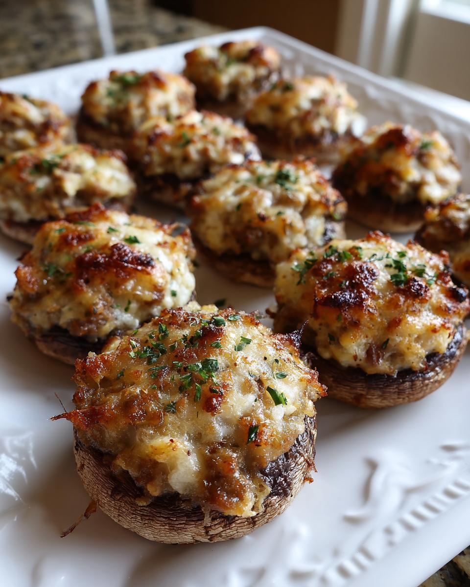 A close-up of several baked sausage stuffed mushrooms topped with melted, browned cheese and fresh parsley.