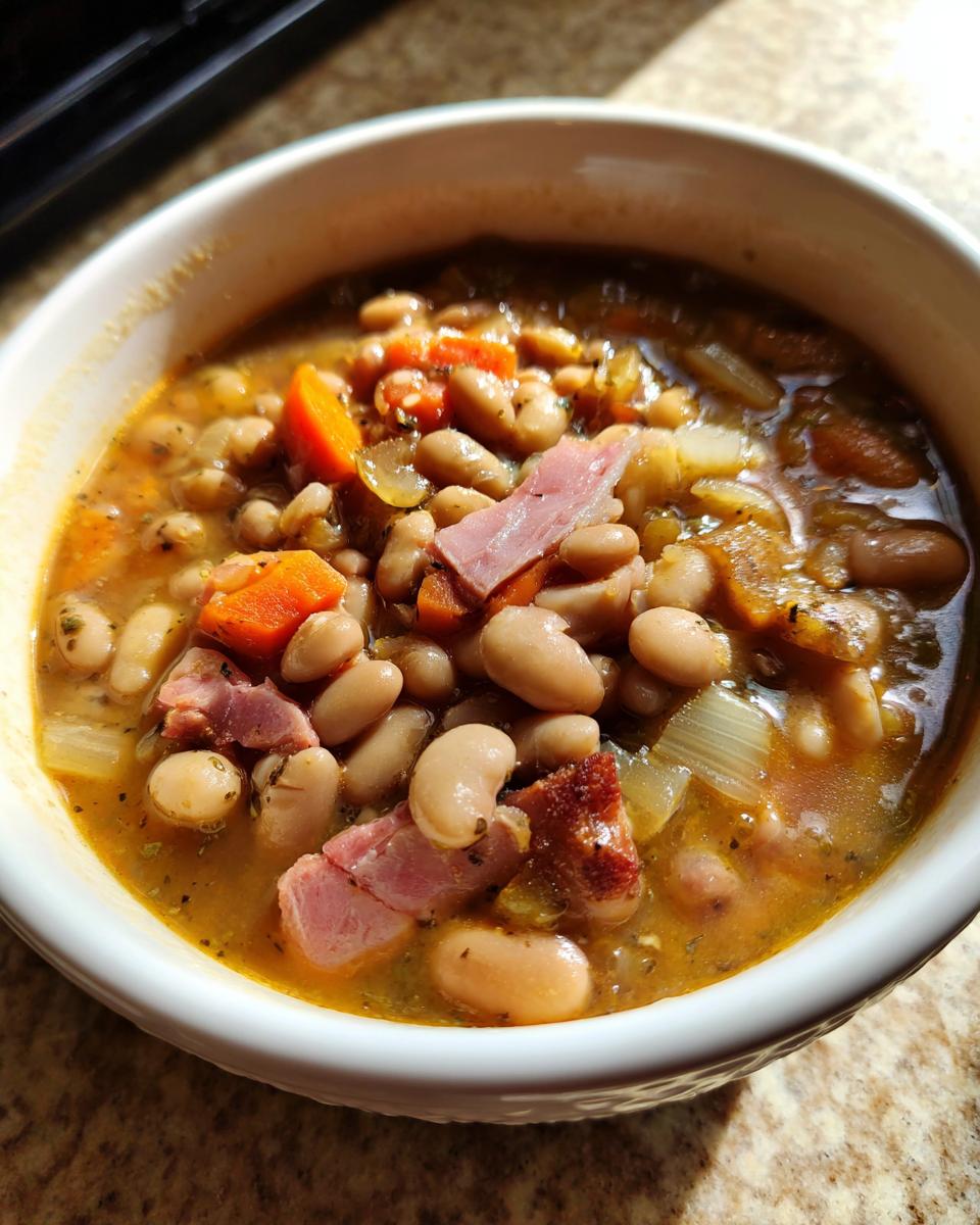 Close-up of a white bowl filled with savory 15 bean soup, featuring white beans, carrots, celery, and chunks of ham.