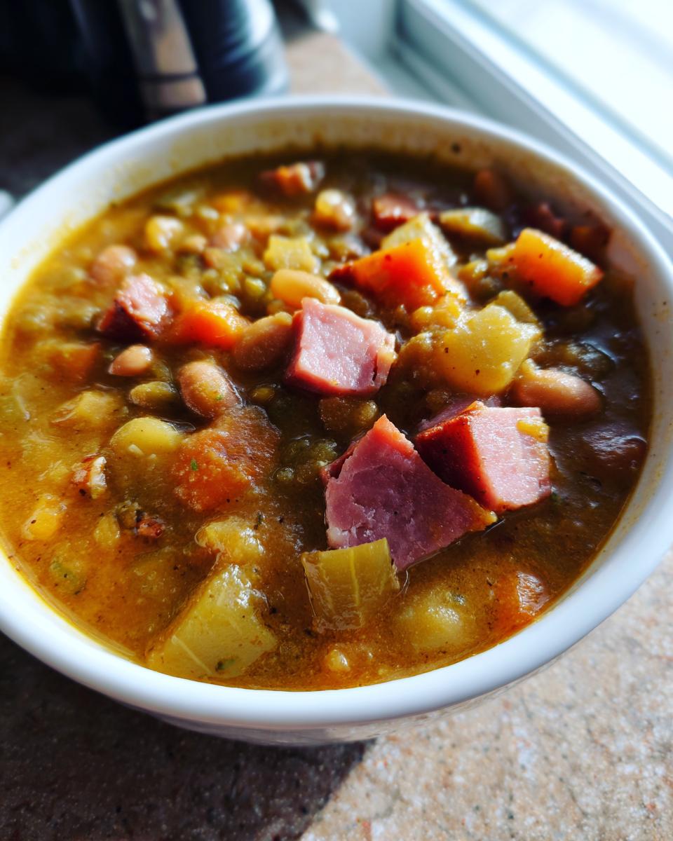 Close-up of a white bowl filled with thick, savory 15 bean soup, topped with chunks of ham and vegetables.
