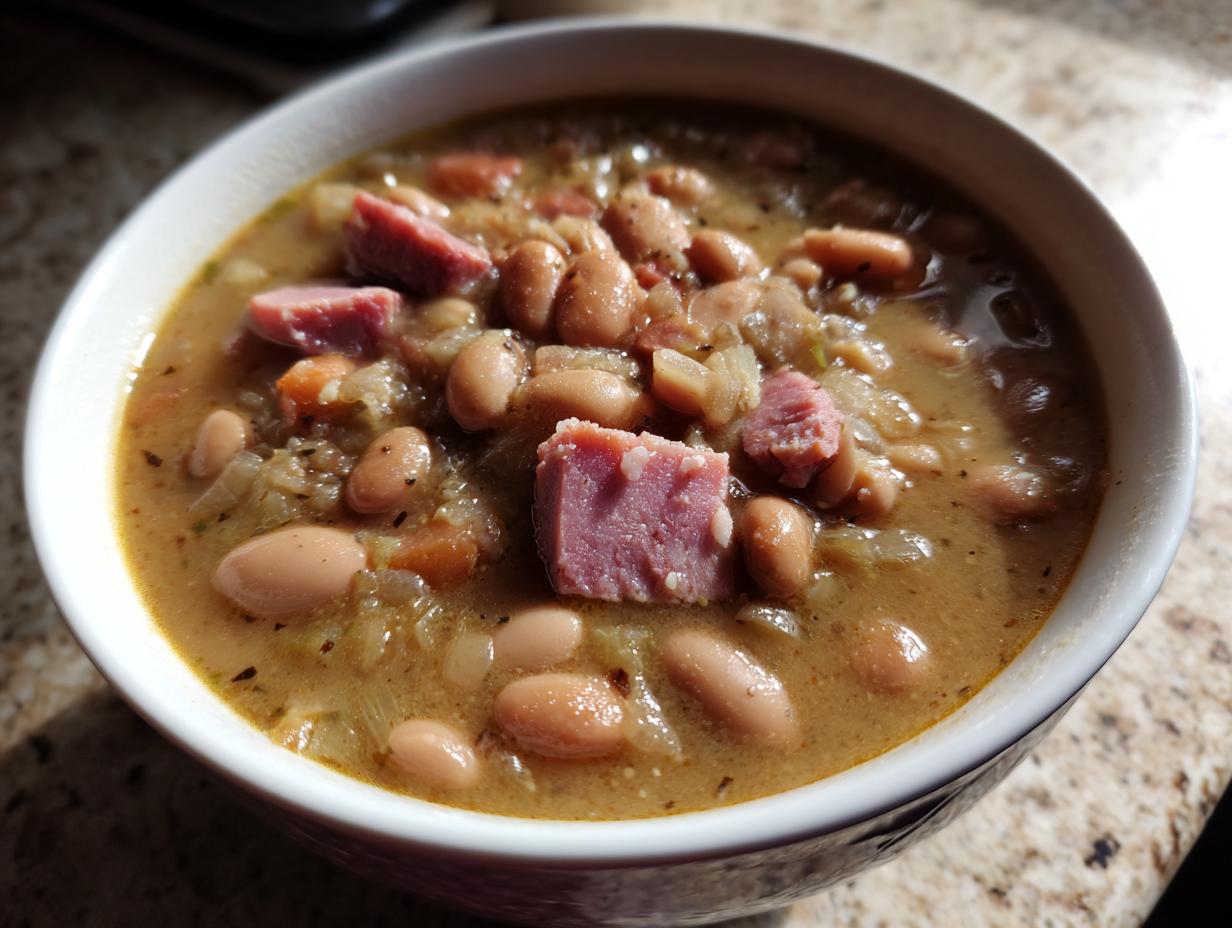 Close-up of a rich, creamy bowl of savory 15 bean soup featuring white beans and chunks of ham.