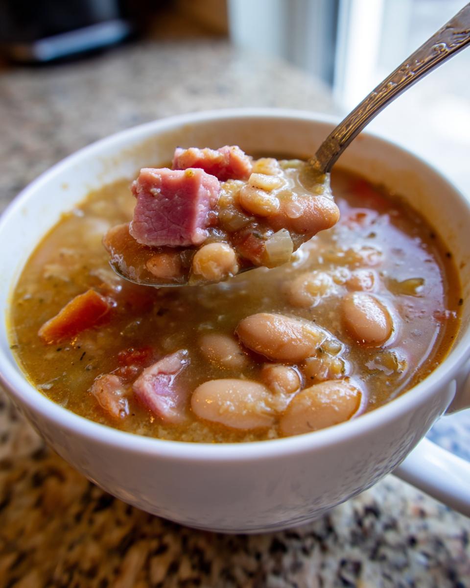 A spoonful of savory 15 bean soup, featuring plump beans and chunks of ham, lifted from a white bowl.
