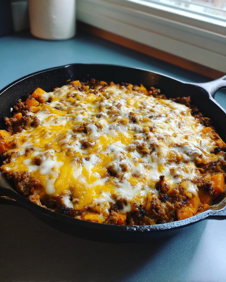 A close-up of a savory sweet potato skillet topped with melted cheddar and Monterey Jack cheese.