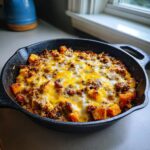 A close-up of a savory sweet potato skillet topped with ground meat and melted cheddar and Monterey Jack cheese.
