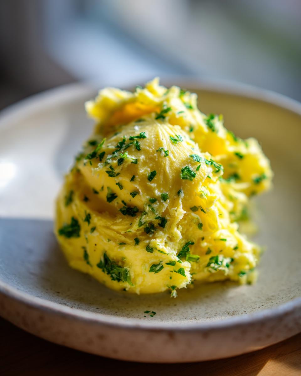 A close-up of bright yellow, whipped garlic butter mixed with chopped green herbs, served in a light ceramic bowl.