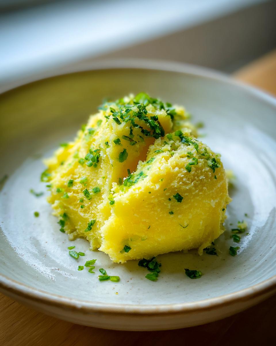 A scoop of bright yellow homemade garlic butter topped generously with chopped green chives.