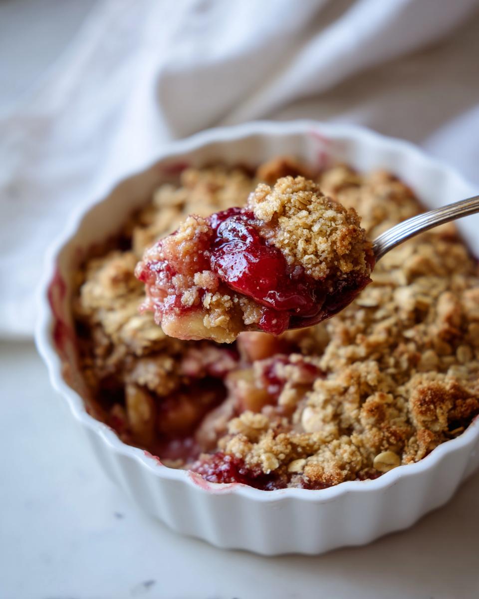 A spoonful of warm rhubarb crisp showing juicy fruit filling and crunchy oat topping being lifted from a white ramekin.