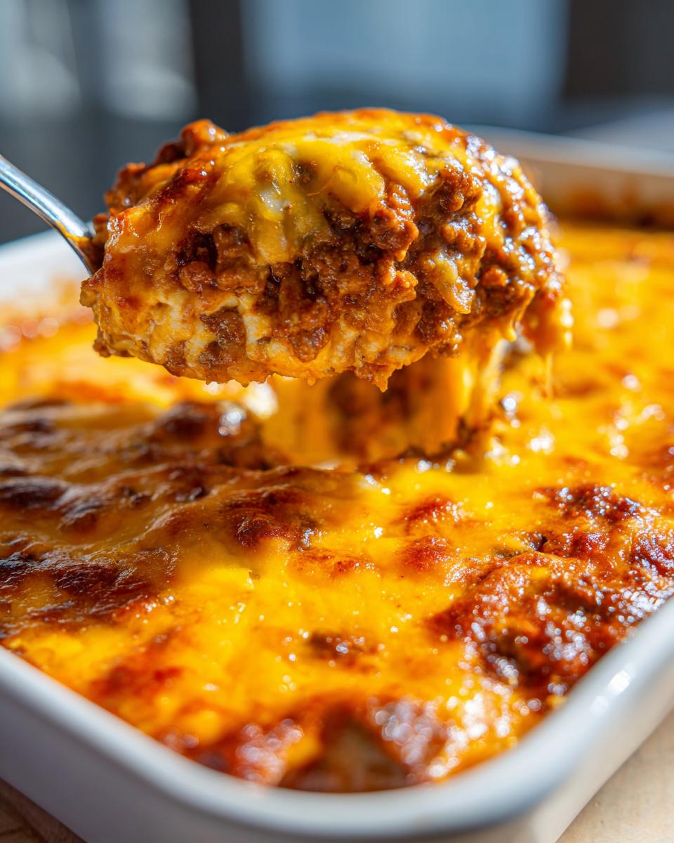 A spoonful of hot, cheesy chili cheese dip being lifted from a white baking dish, showing melted cheddar.