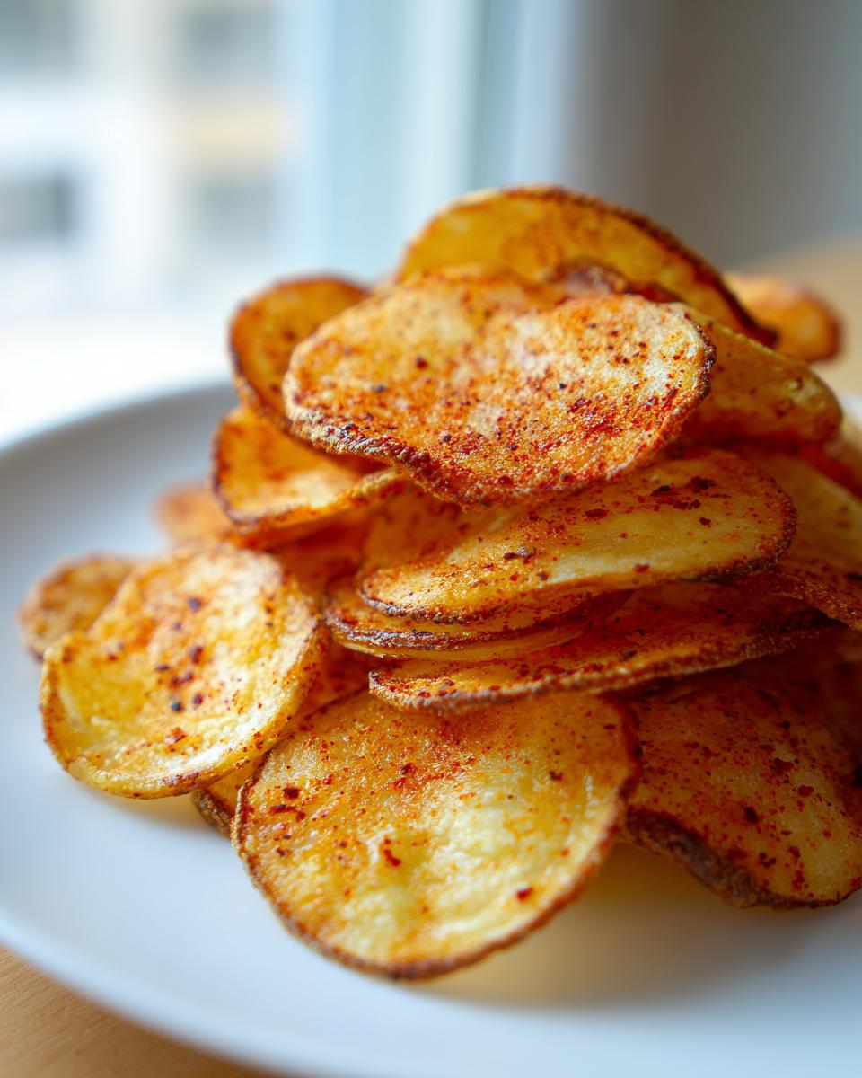 Close-up of a tall pile of crispy, seasoned potato chips dusted with paprika on a white plate.