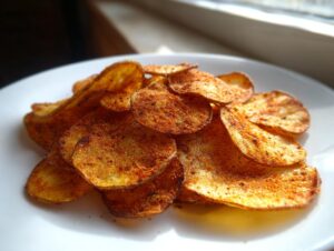 A close-up of golden, seasoned potato chips piled on a white plate, showcasing their crunch.