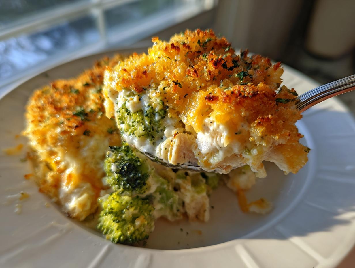 A spoonful of creamy Chicken Divan casserole, featuring chicken, broccoli, and a golden, crunchy breadcrumb topping.