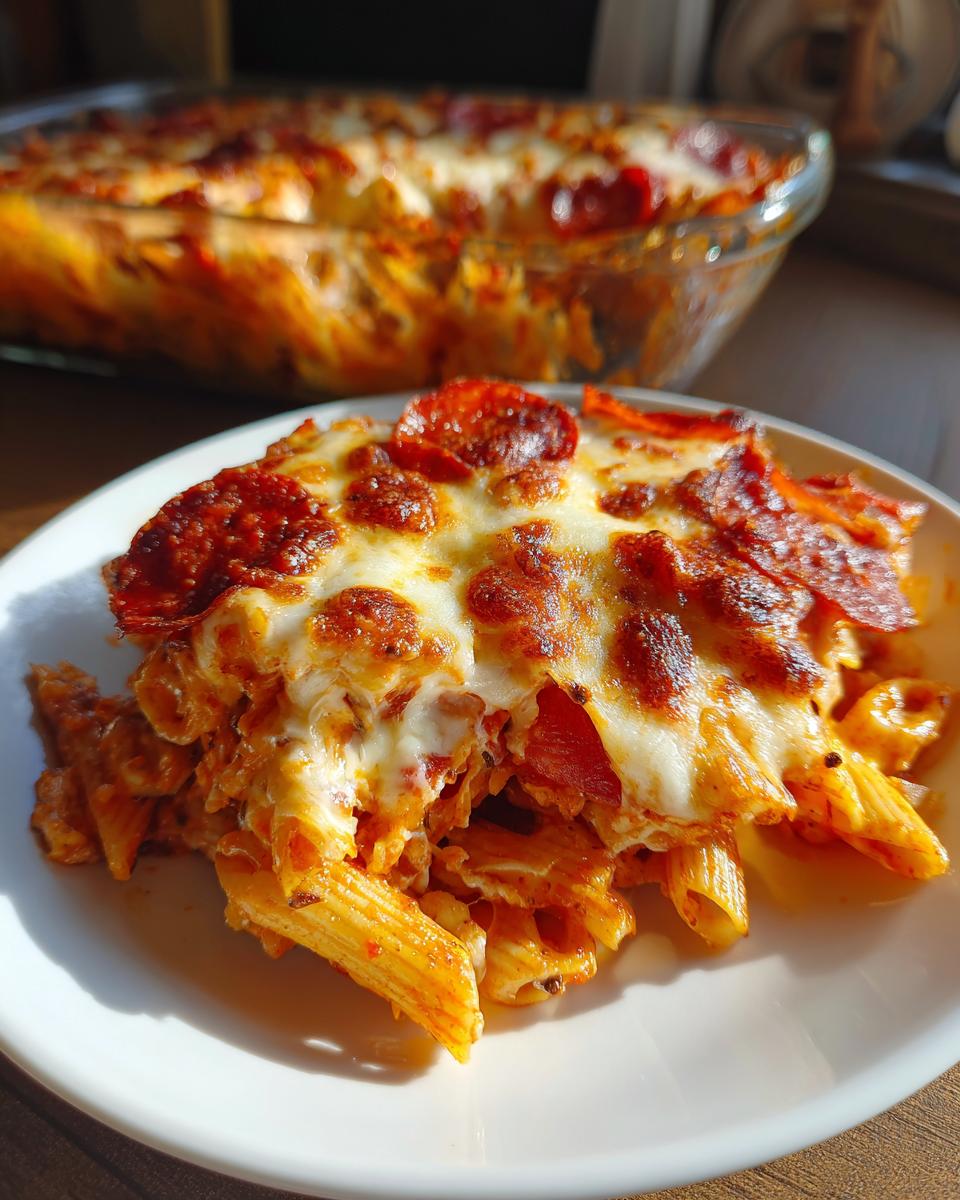 A close-up serving of baked pizza pasta topped with melted, browned mozzarella cheese and pepperoni slices.