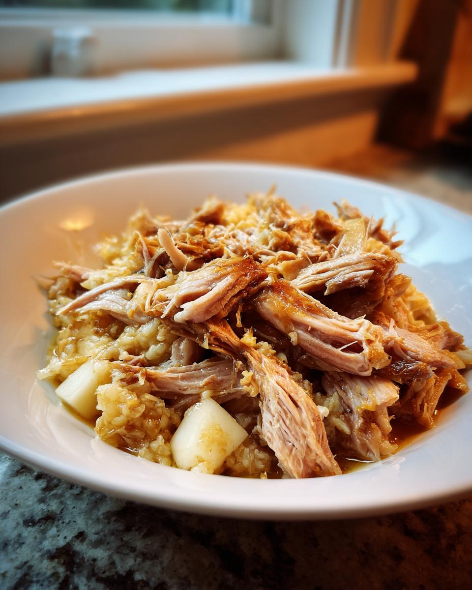 A close-up of shredded pork and sauerkraut mixture served over rice or grains in a white bowl.