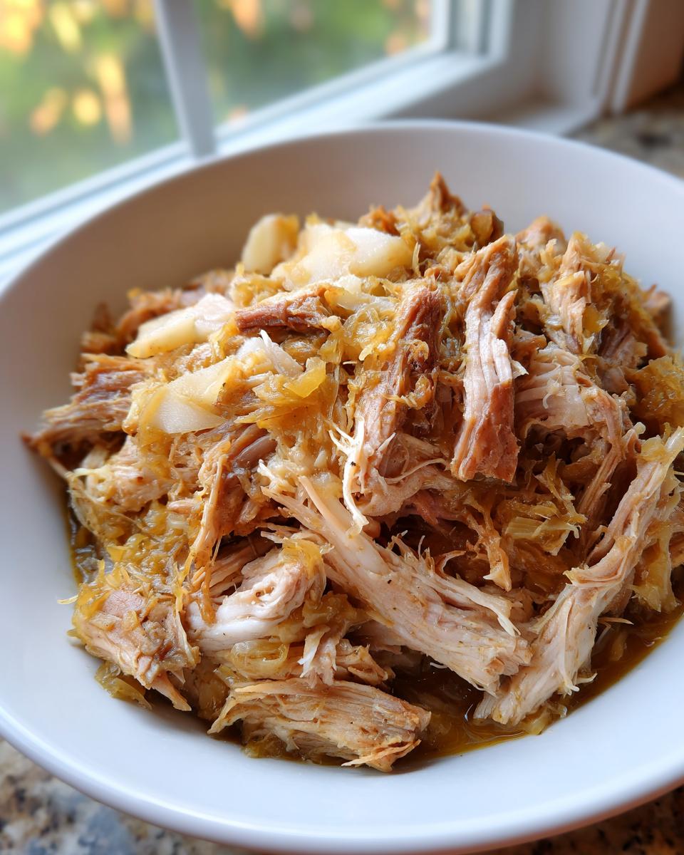 Close-up of tender, shredded pork and sauerkraut mixture served in a white bowl.