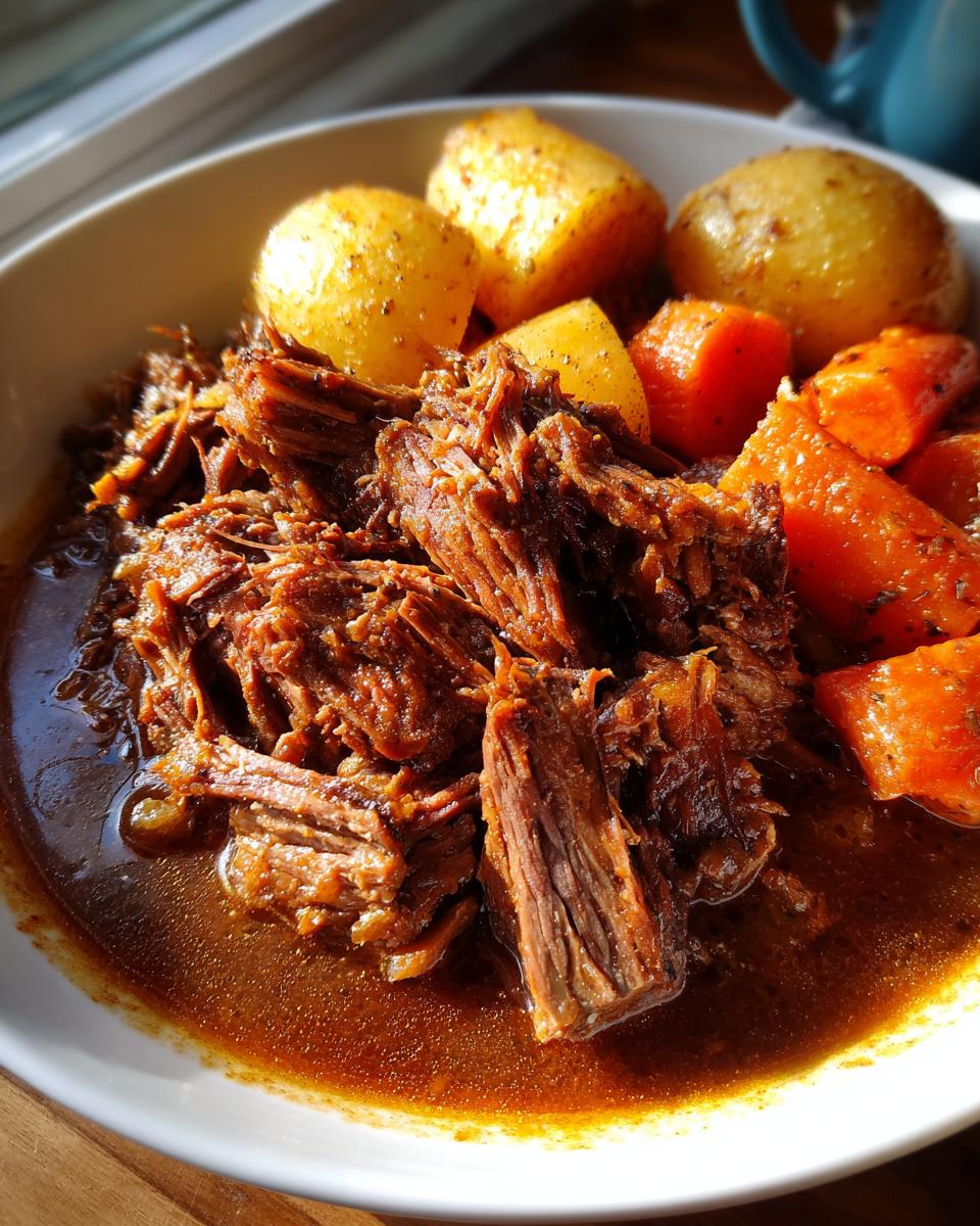 Close-up of shredded pot roast served in rich gravy with chunks of roasted carrots and potatoes.