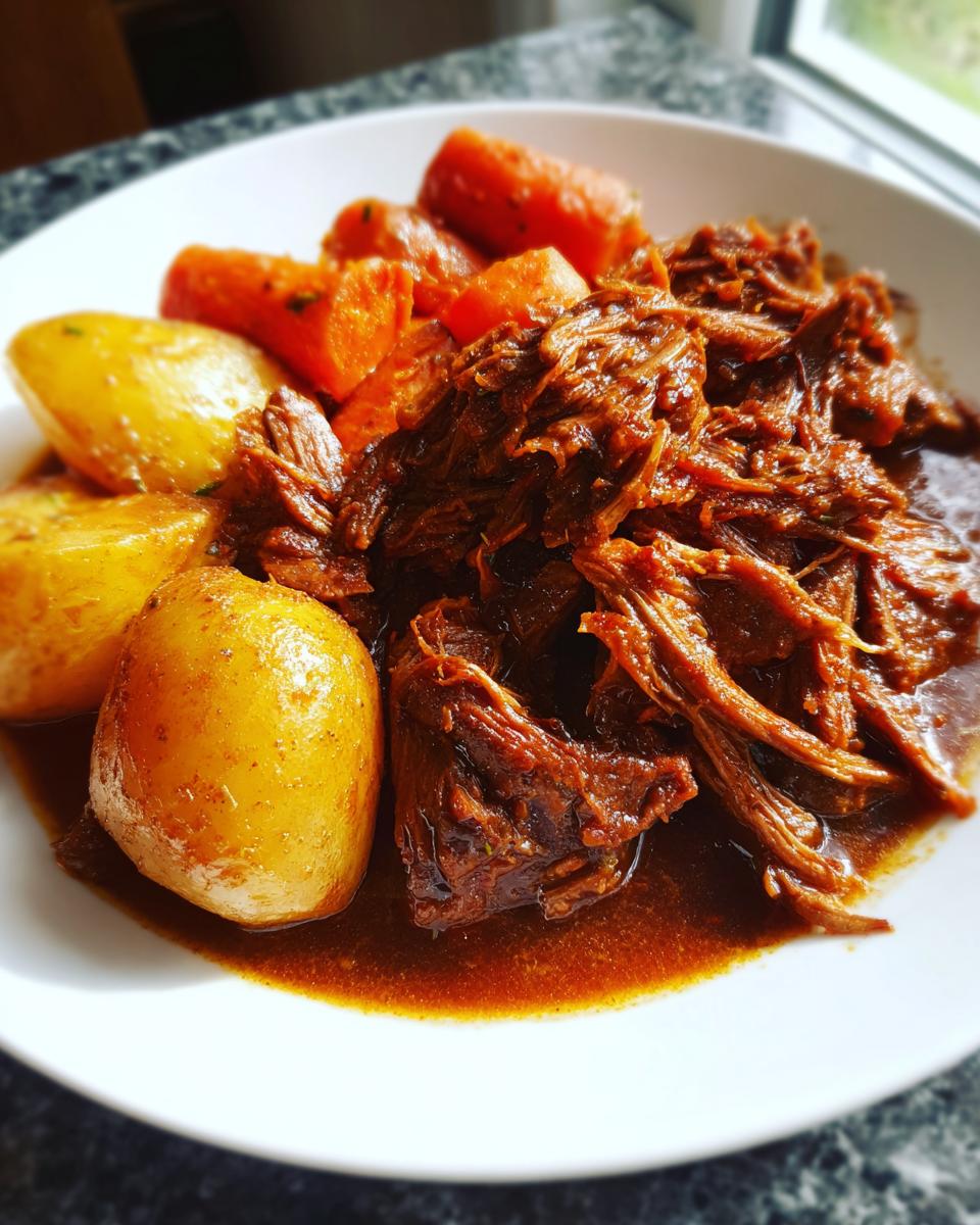 Close-up of a plate featuring shredded pot roast, tender carrots, and whole potatoes covered in rich brown gravy.