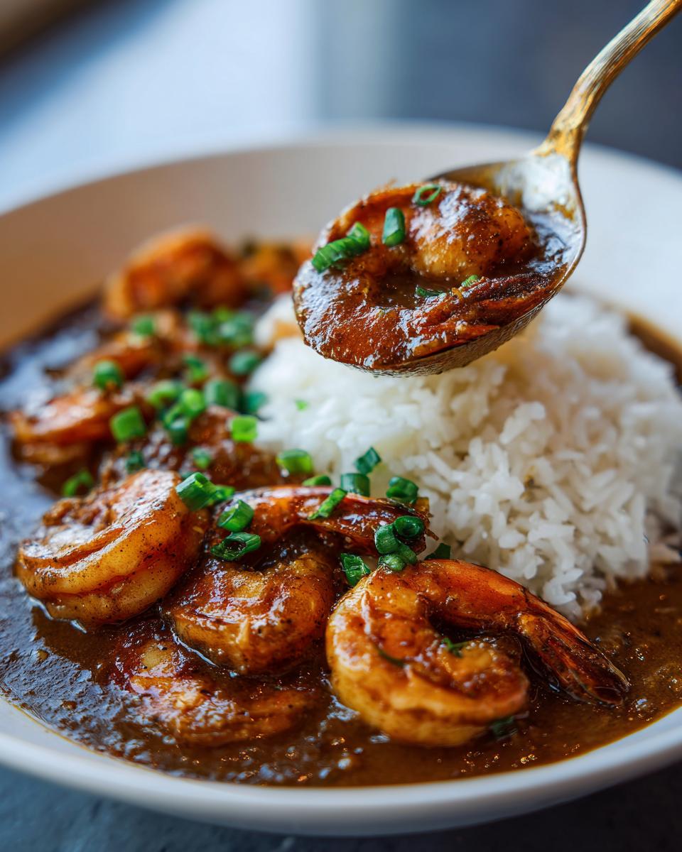 A spoonful of rich, dark shrimp etouffee being lifted over a bowl of white rice and seasoned shrimp.