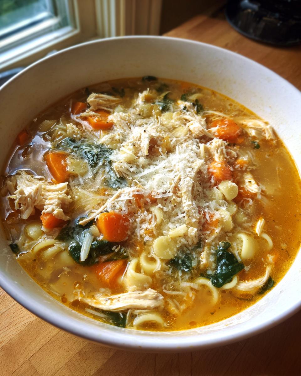 Close-up of a bowl of Sicilian chicken soup filled with shredded chicken, carrots, pasta, and topped with grated Parmesan cheese.