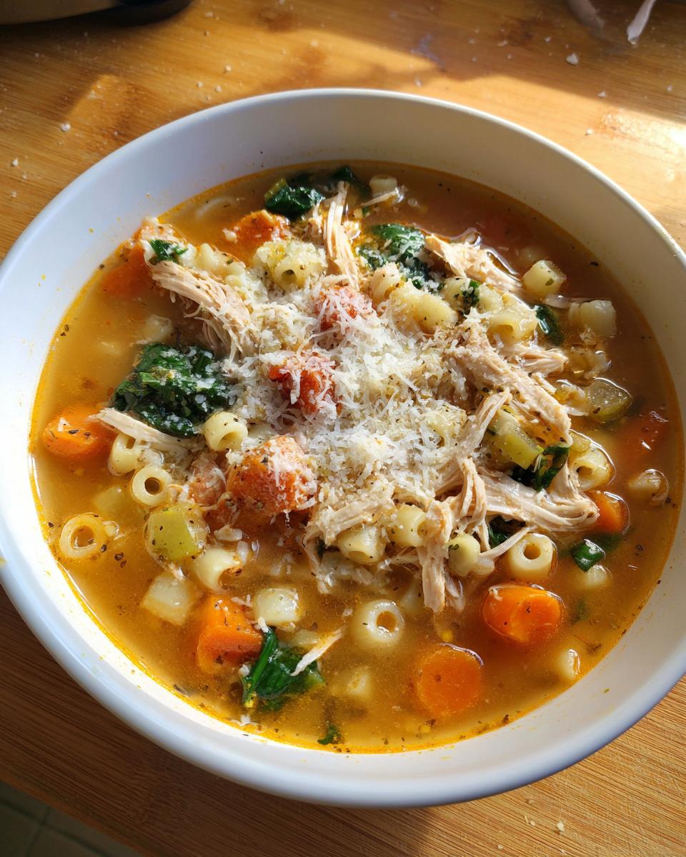 Close-up of a bowl of Sicilian chicken soup filled with shredded chicken, carrots, spinach, pasta, and topped with grated Parmesan cheese.
