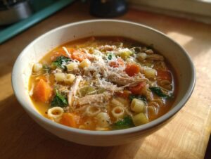 A warm bowl of Sicilian chicken soup featuring shredded chicken, carrots, pasta, and topped with grated Parmesan cheese.
