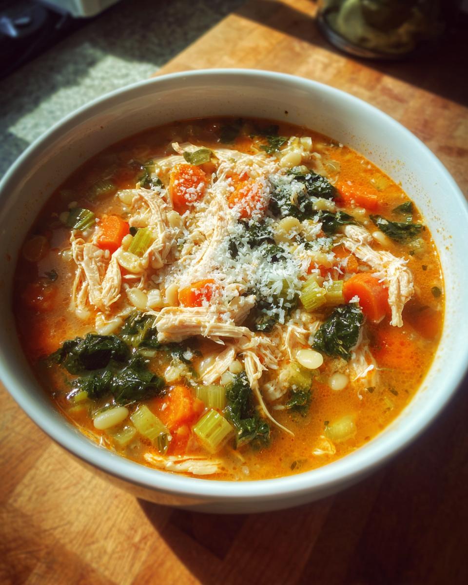 A close-up of a white bowl filled with rich Sicilian chicken soup featuring shredded chicken, carrots, kale, and topped with grated Parmesan cheese.