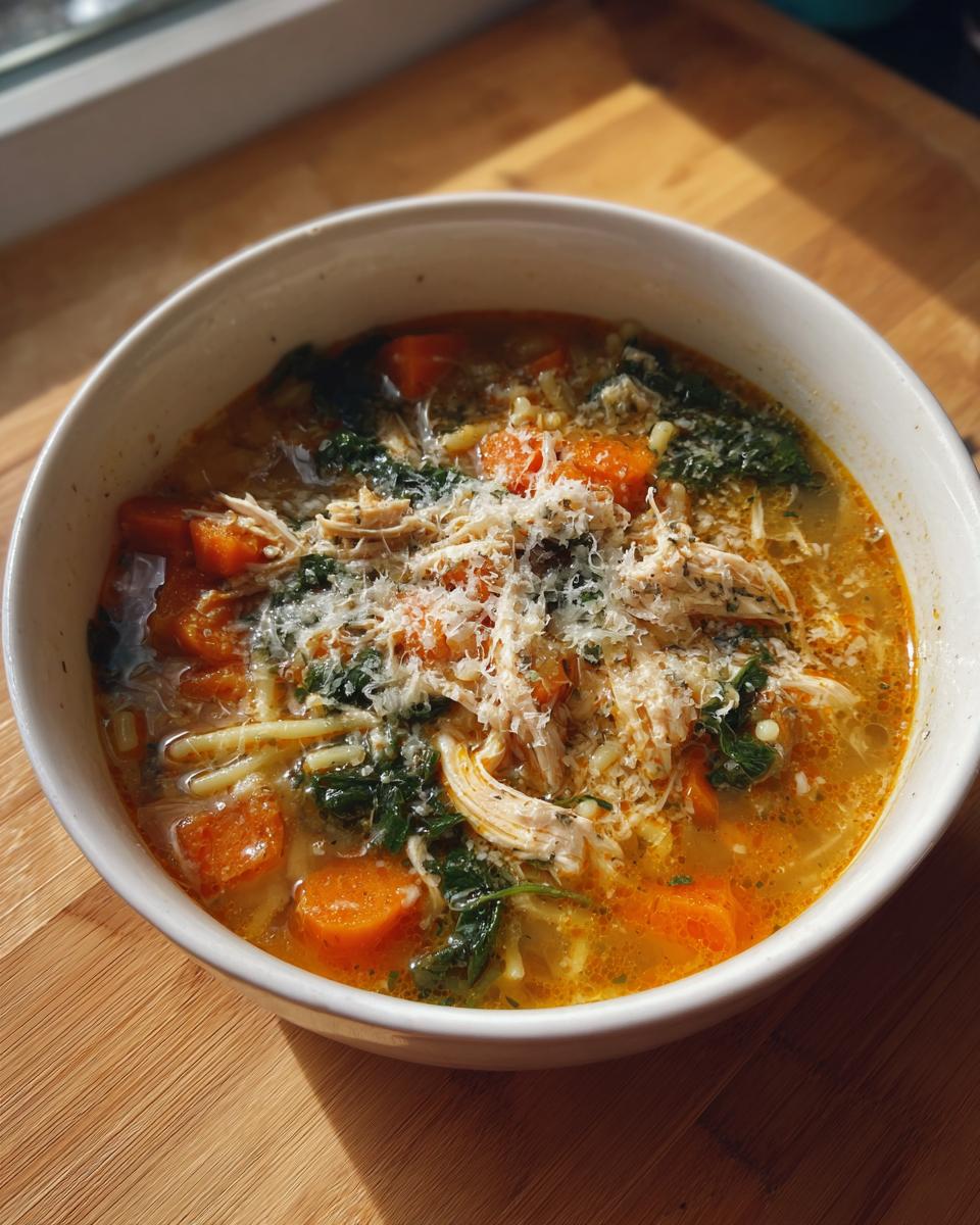 Close-up of a white bowl filled with rich Sicilian chicken soup, featuring shredded chicken, carrots, kale, and topped with grated Parmesan cheese.