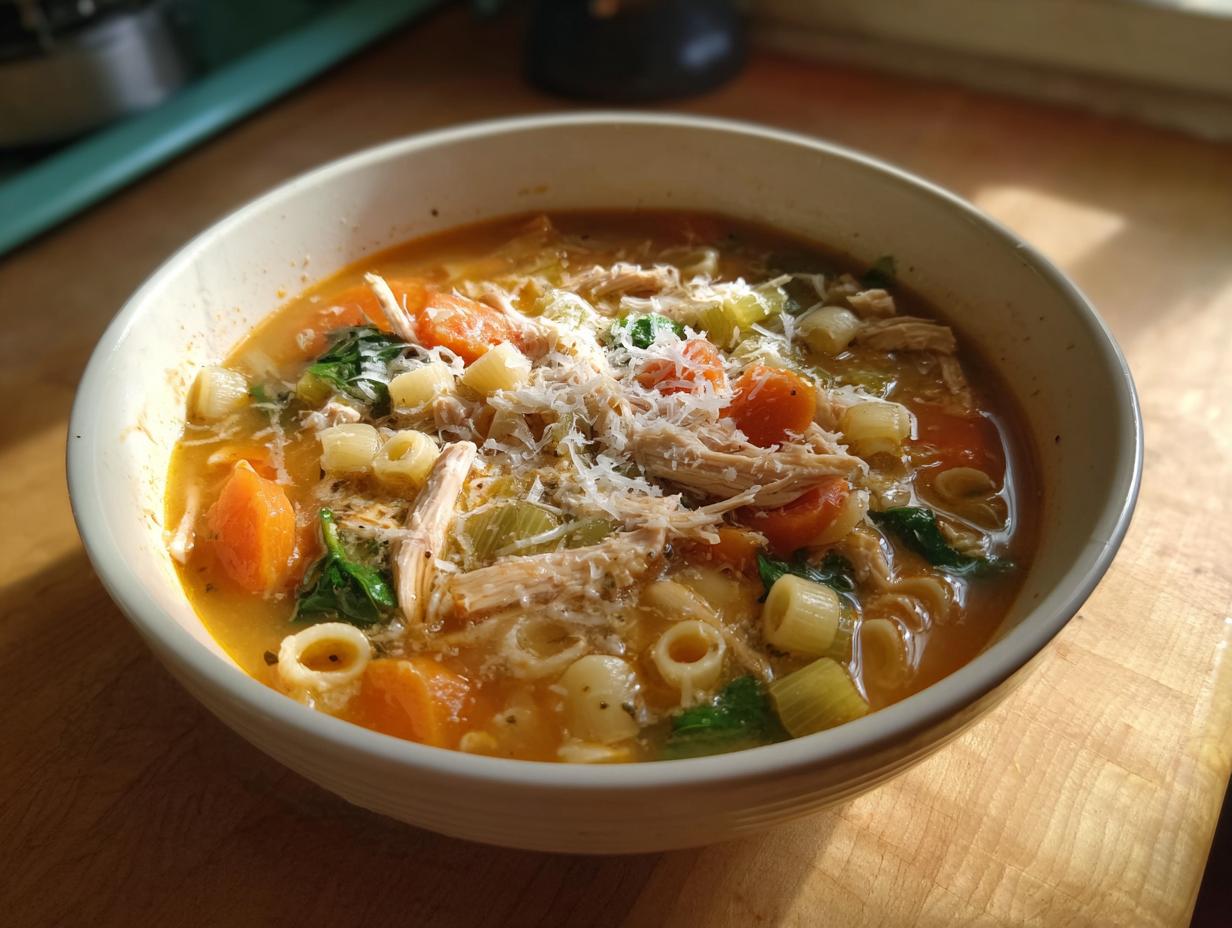A warm bowl of Sicilian chicken soup featuring shredded chicken, carrots, pasta, and topped with grated Parmesan cheese.