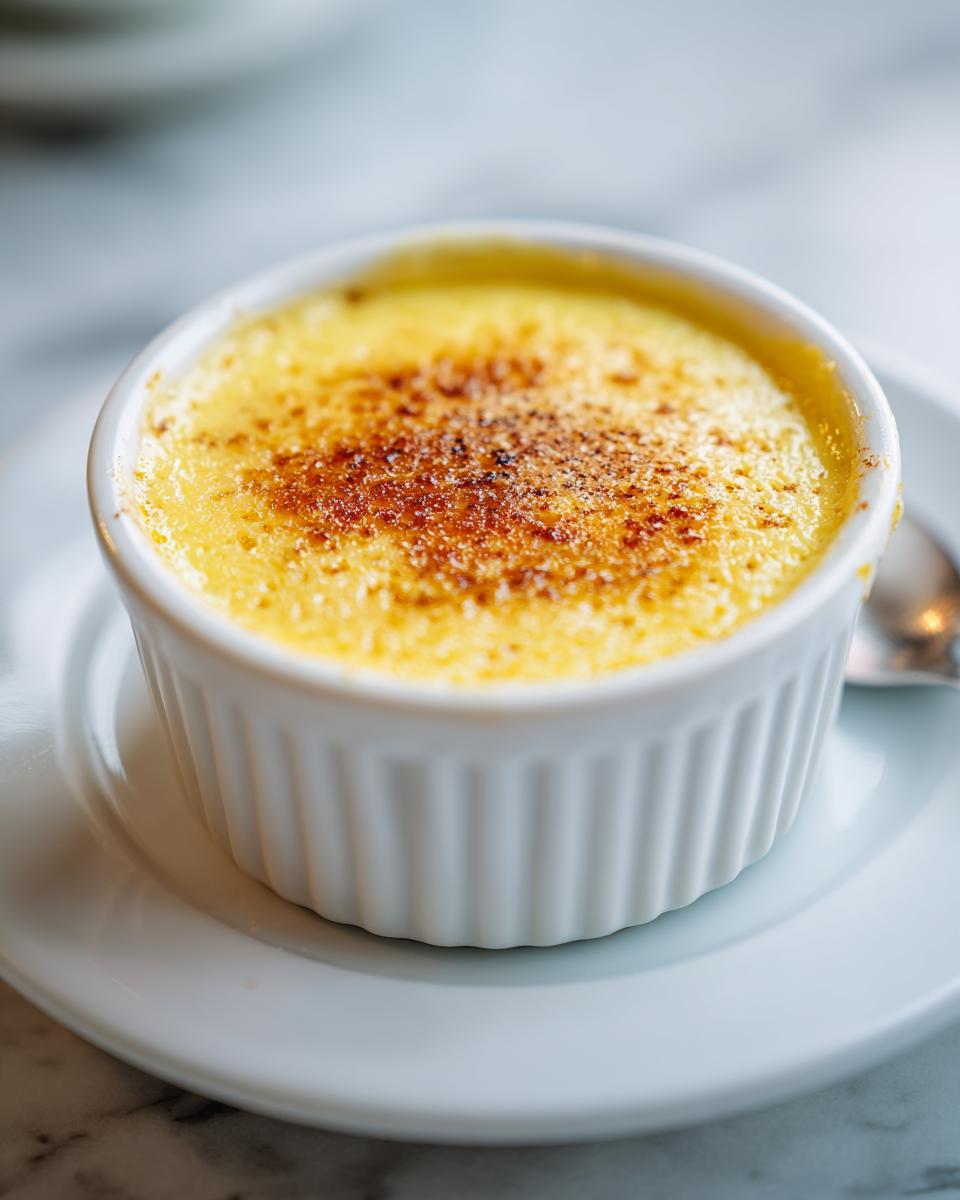 Close-up of a perfect egg custard dessert in a white ramekin with a caramelized sugar top.