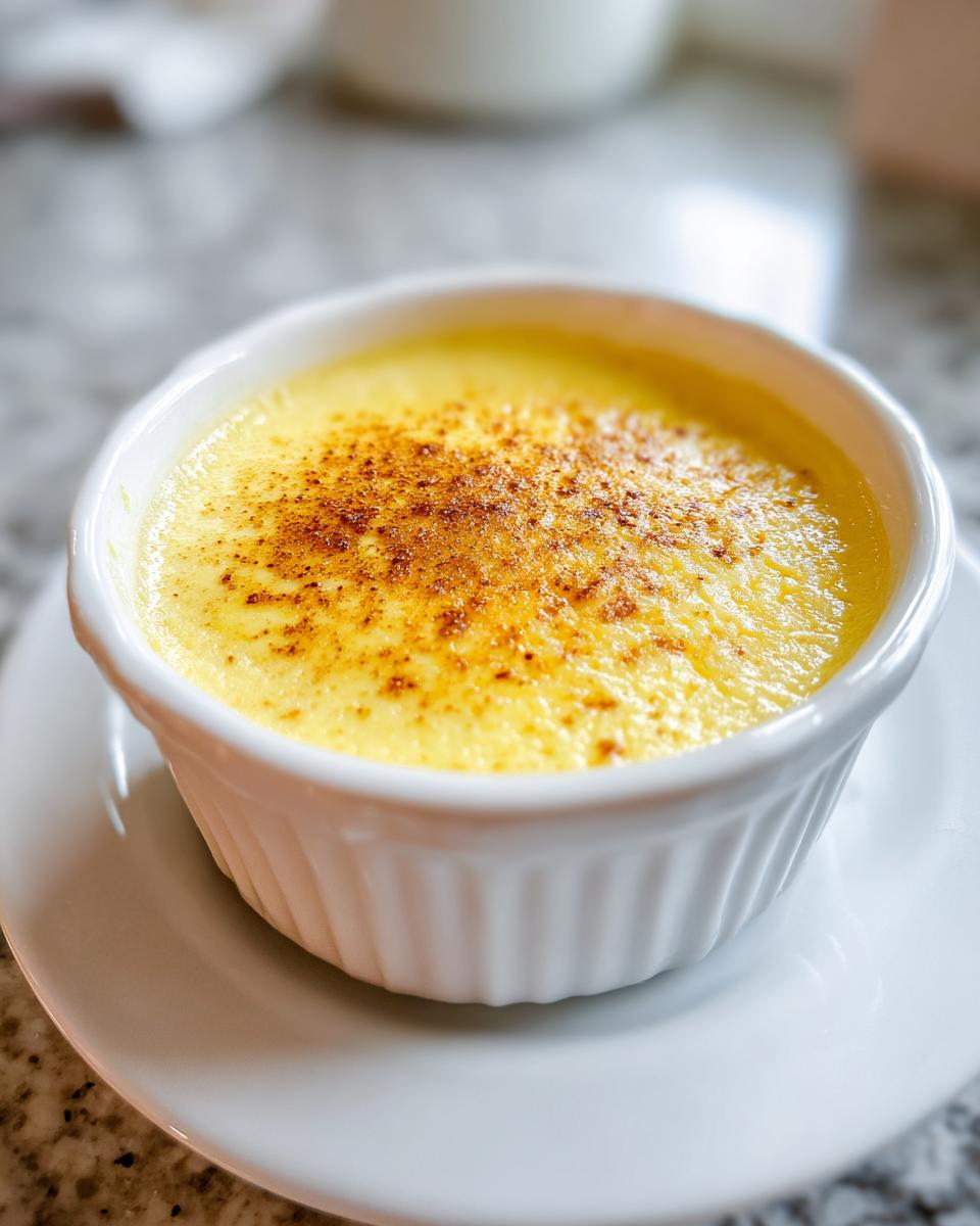 Close-up of a silky baked egg custard topped with sprinkled cinnamon in a white ramekin.
