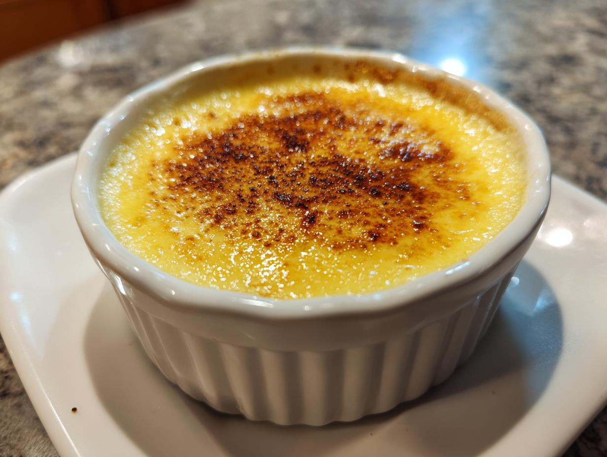 Close-up of a silky egg custard topped with a perfectly caramelized, dark brown sugar crust.