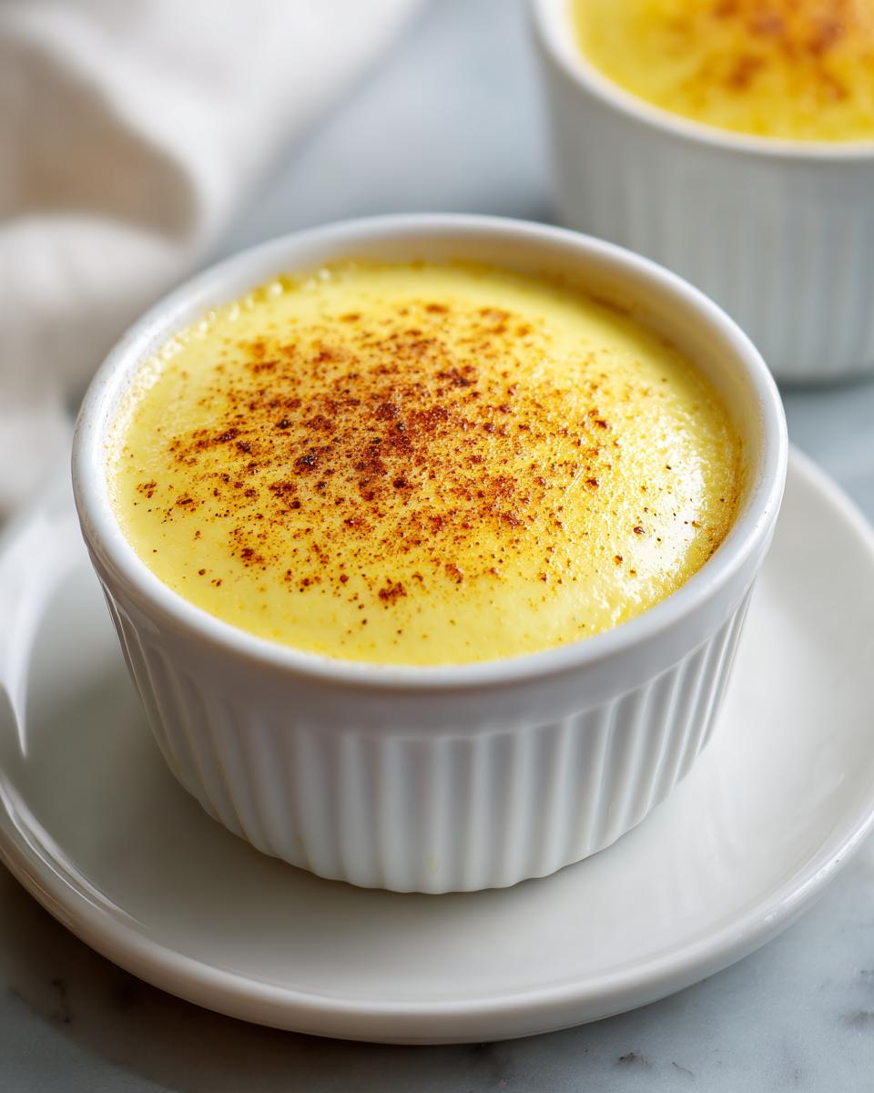 Close-up of a silky smooth egg custard topped with sprinkled cinnamon in a white fluted ramekin.
