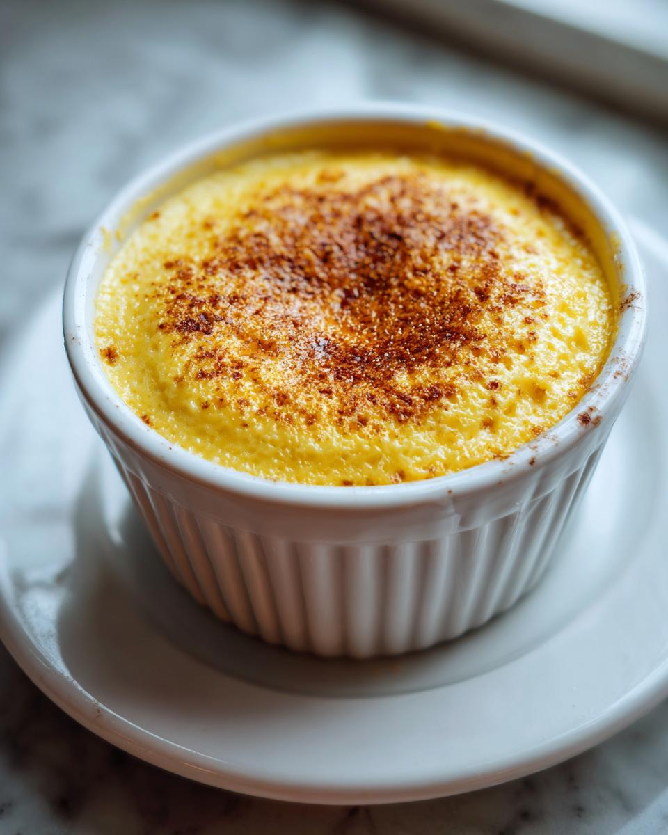 Close-up of a perfectly set, bright yellow egg custard dusted with cinnamon in a white fluted ramekin.