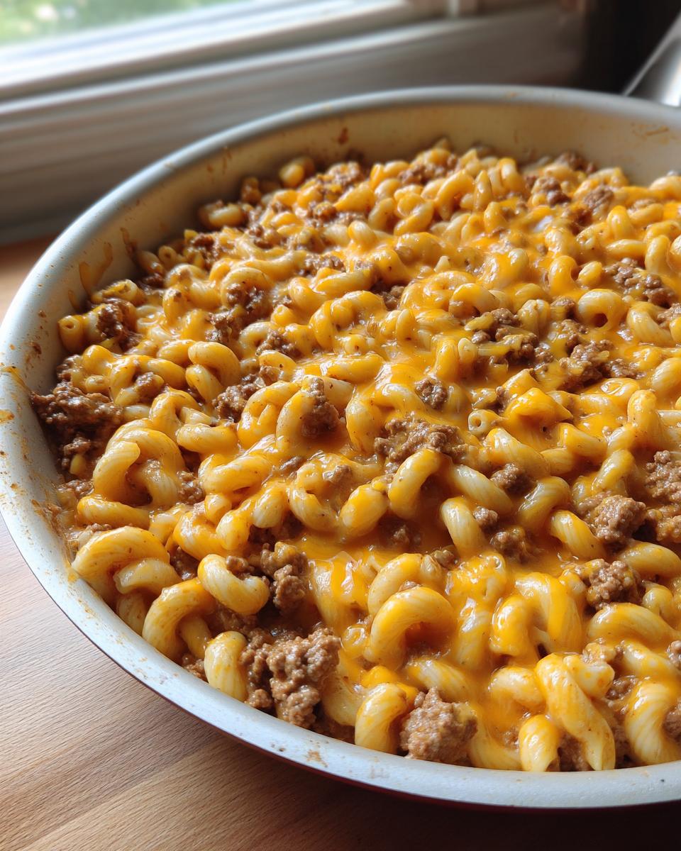 Close-up of a skillet filled with creamy, cheesy taco pasta mixed with seasoned ground beef.