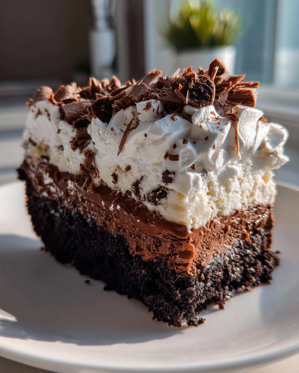 A rich slice of 4-layer mud pie featuring a dark crust, chocolate filling, white cream, and chocolate shavings.