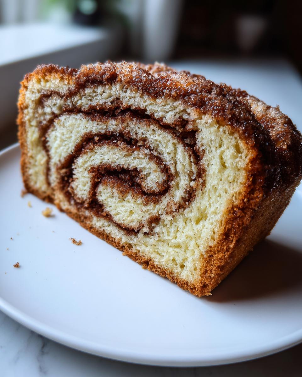 Close-up of a thick slice of homemade cinnamon bread showing a beautiful swirl pattern and sugary topping.
