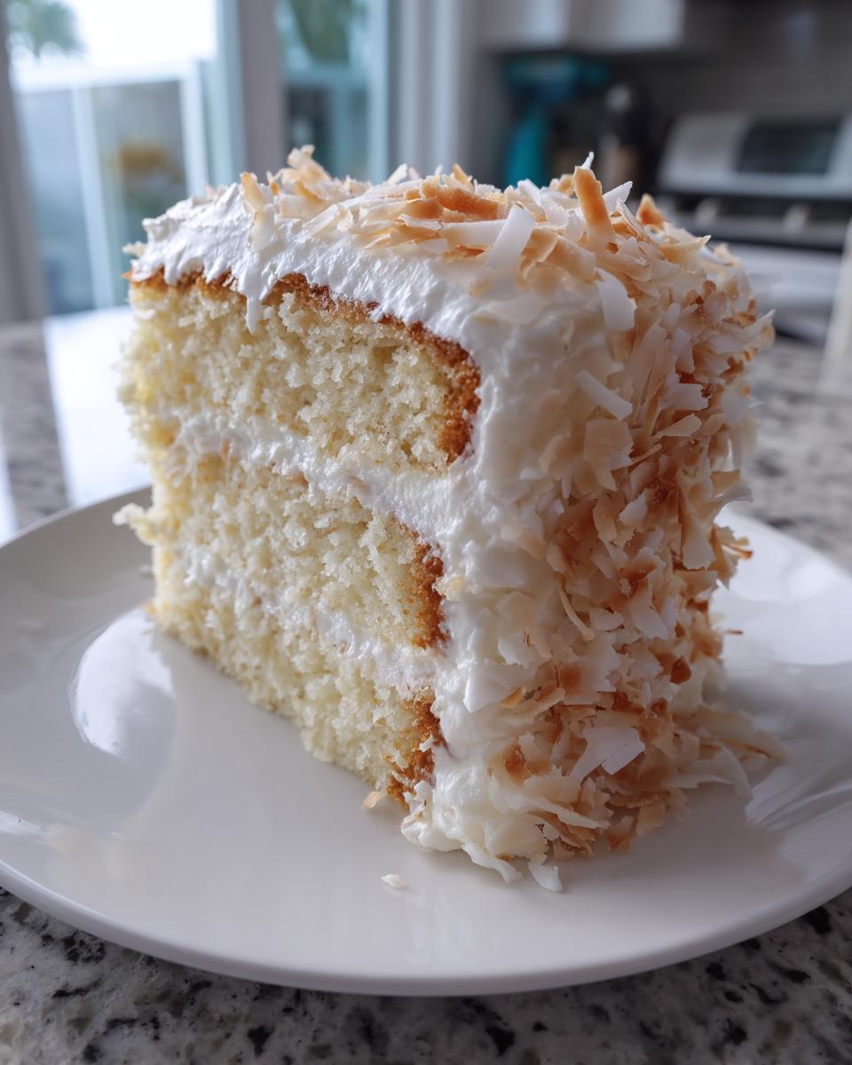 A moist slice of coconut cake recipe layered with white frosting and generously topped with toasted coconut flakes.