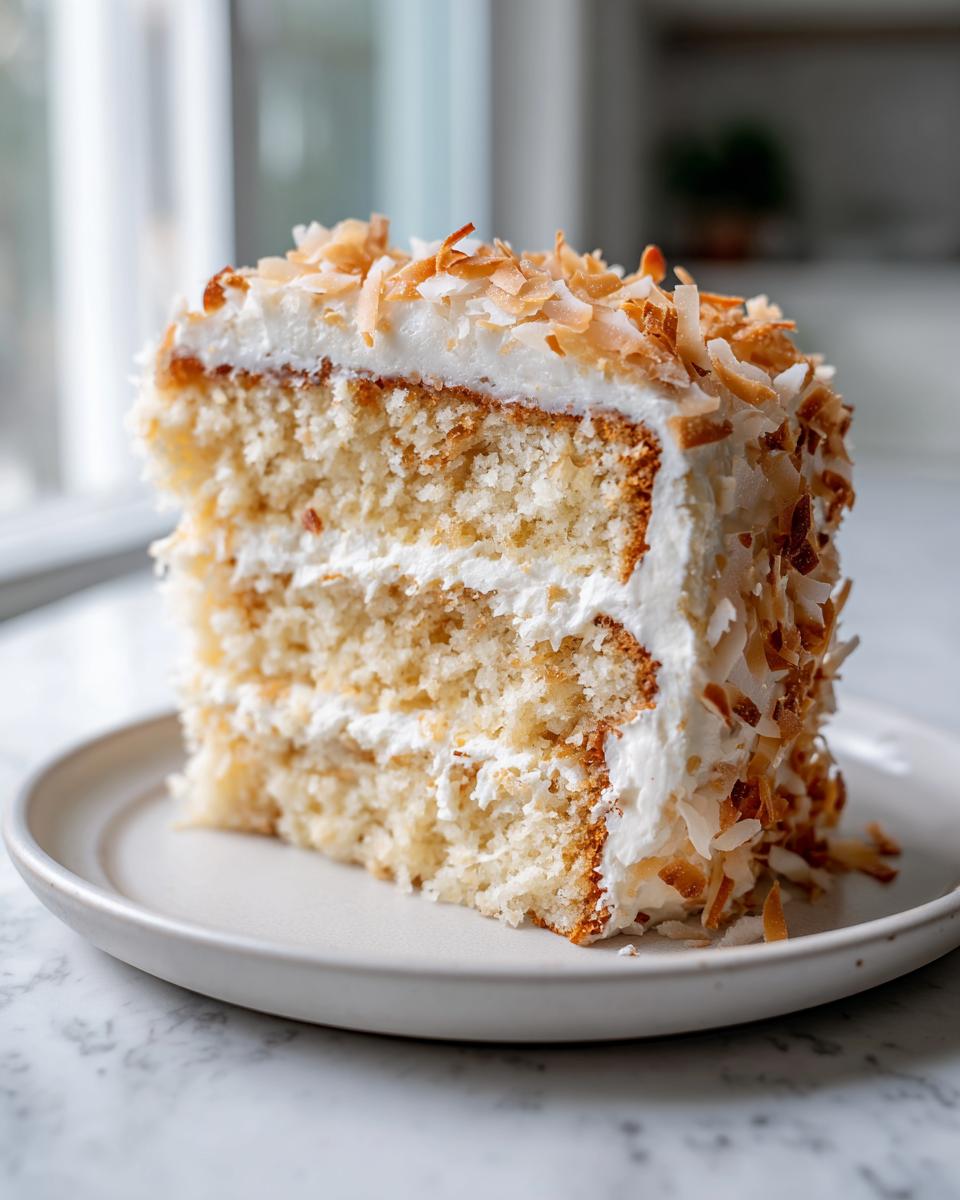 A moist slice of three-layer coconut cake recipe with white frosting and topped generously with toasted coconut flakes.