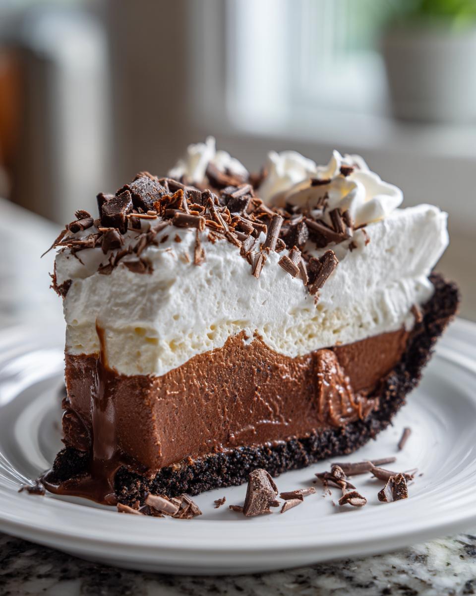 A decadent slice of 4-layer mud pie featuring a dark crust, chocolate mousse, whipped topping, and chocolate shavings.