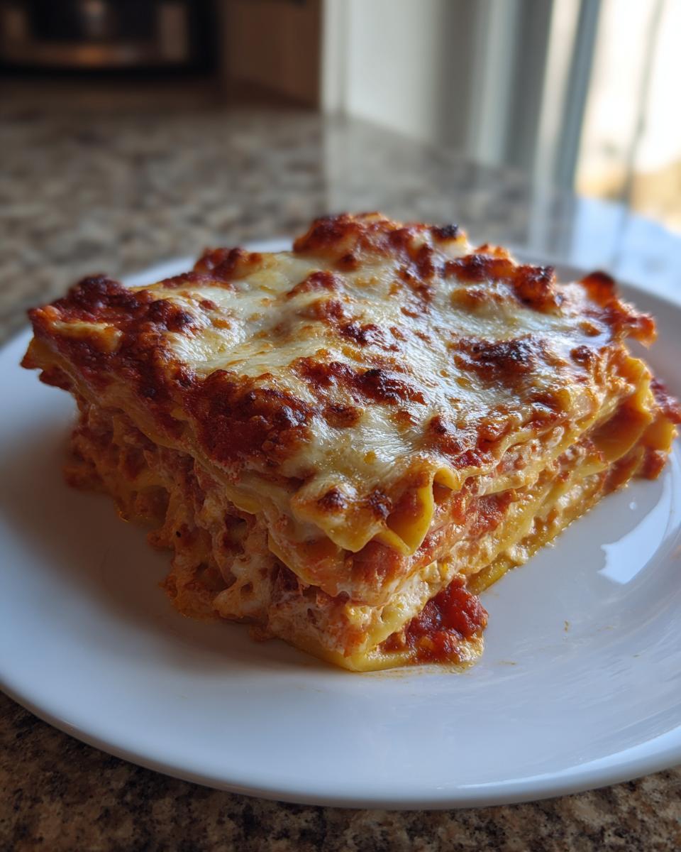 A close-up of a thick, layered slice of baked ravioli casserole with melted, browned cheese on top.