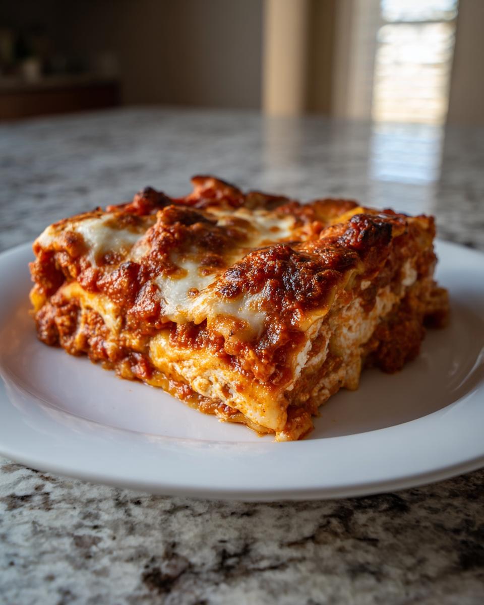 A perfectly portioned slice of baked ravioli layered with ricotta and topped with browned, bubbly cheese and tomato sauce.