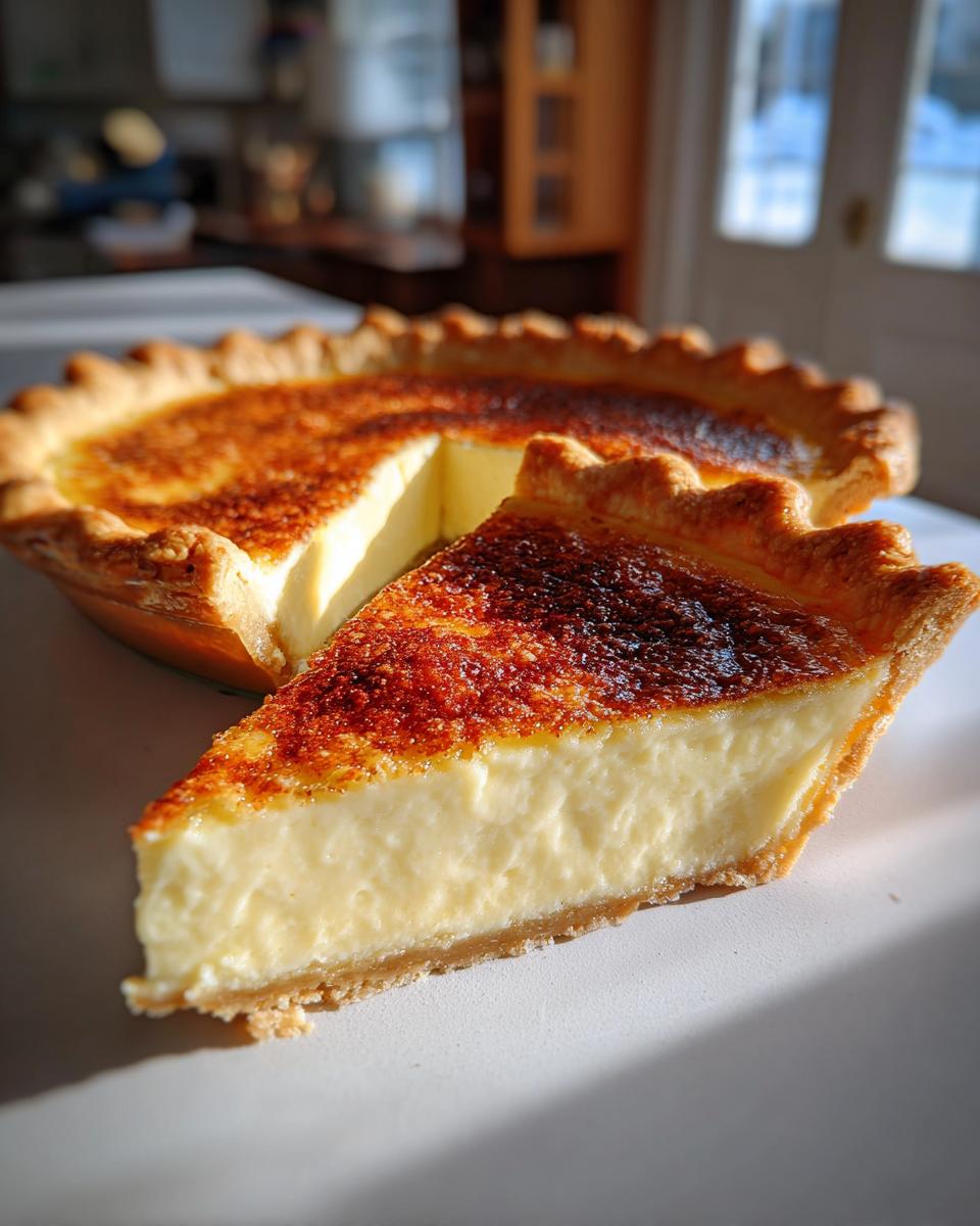 A close-up of a slice of creamy buttermilk pie with a beautifully browned top, next to the rest of the pie.
