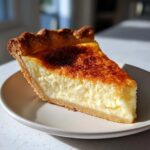 A close-up of a thick slice of buttermilk pie showing the creamy filling and deeply browned top crust.