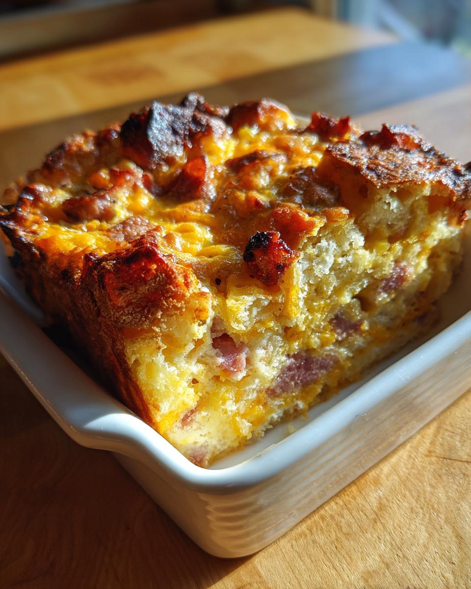 A golden-brown slice of savory Christmas breakfast casserole with melted cheese and visible ham pieces.