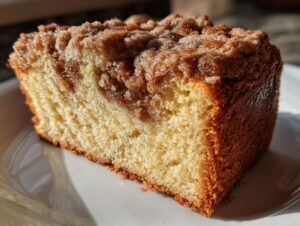 Close-up of a moist slice of coffee cake featuring a thick, sugary cinnamon crumb topping.